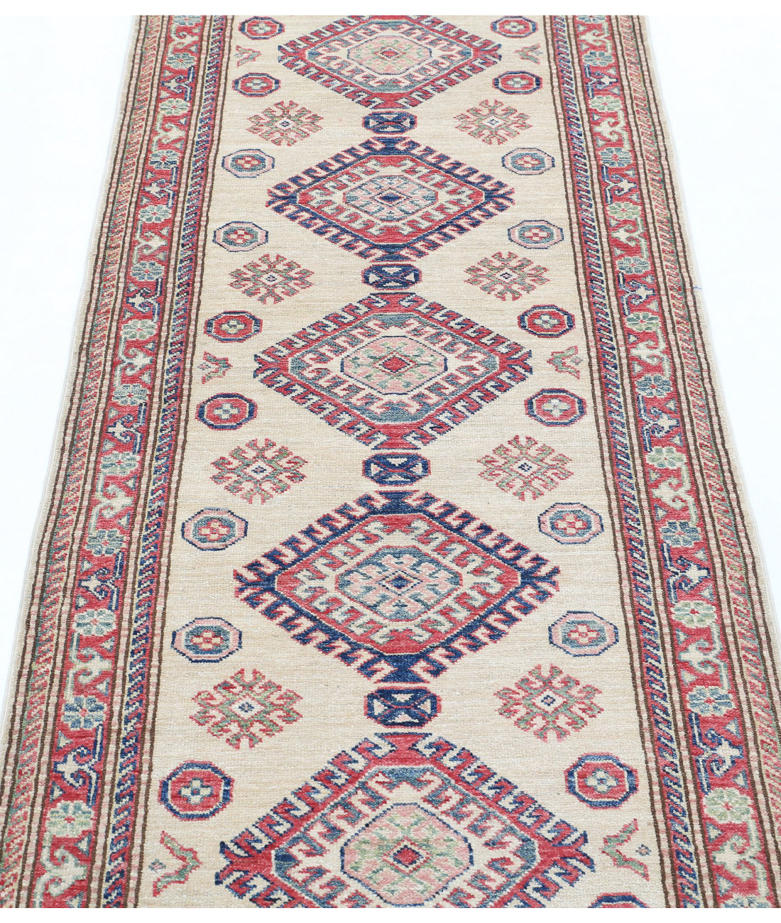 Kazak 2'7'' X 6'5'' Hand-Knotted Wool Rug 2'7'' x 6'5'' (78 X 193) / Ivory / Red