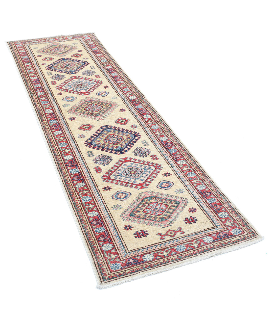 Kazak 2'4'' X 7'5'' Hand-Knotted Wool Rug 2'4'' x 7'5'' (70 X 223) / Ivory / Red