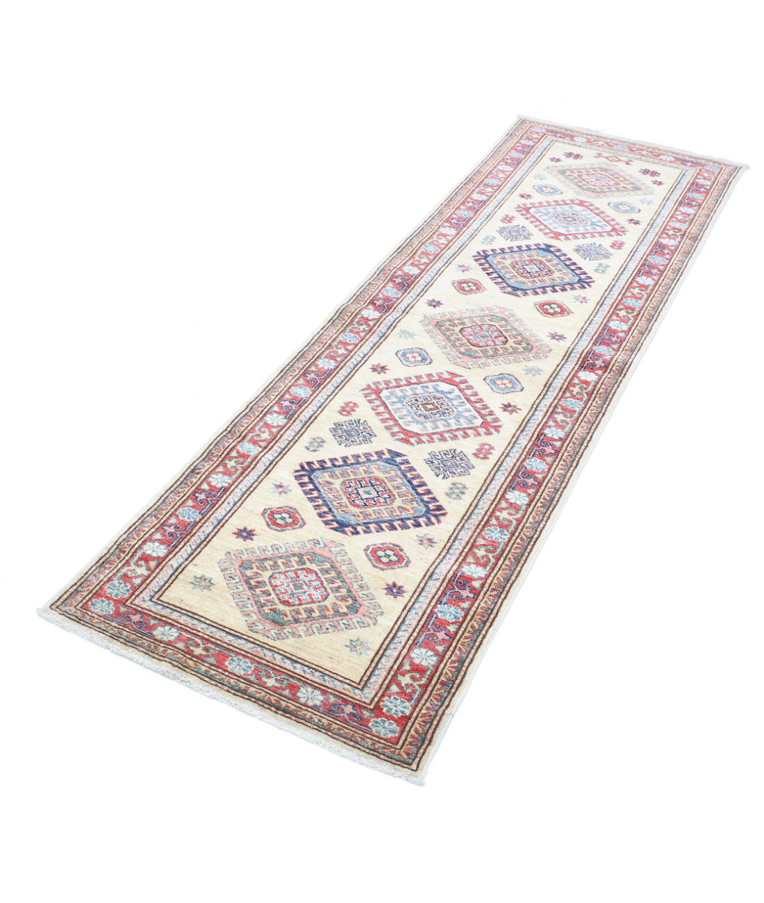 Kazak 2'4'' X 7'5'' Hand-Knotted Wool Rug 2'4'' x 7'5'' (70 X 223) / Ivory / Red