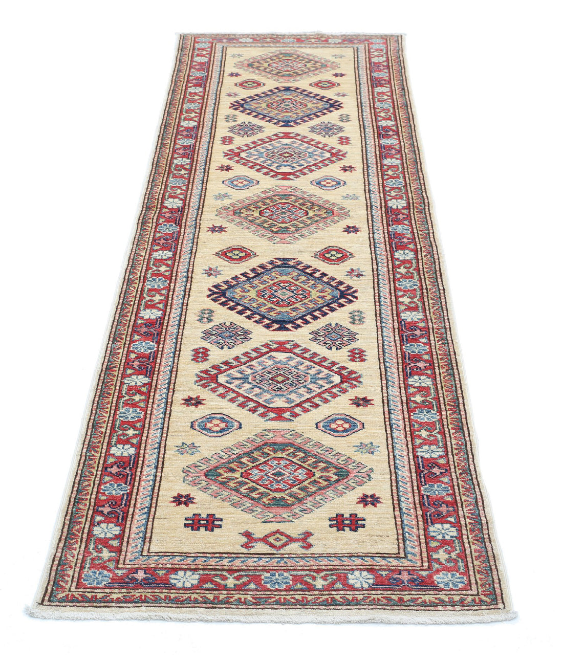 Kazak 2'4'' X 7'5'' Hand-Knotted Wool Rug 2'4'' x 7'5'' (70 X 223) / Ivory / Red