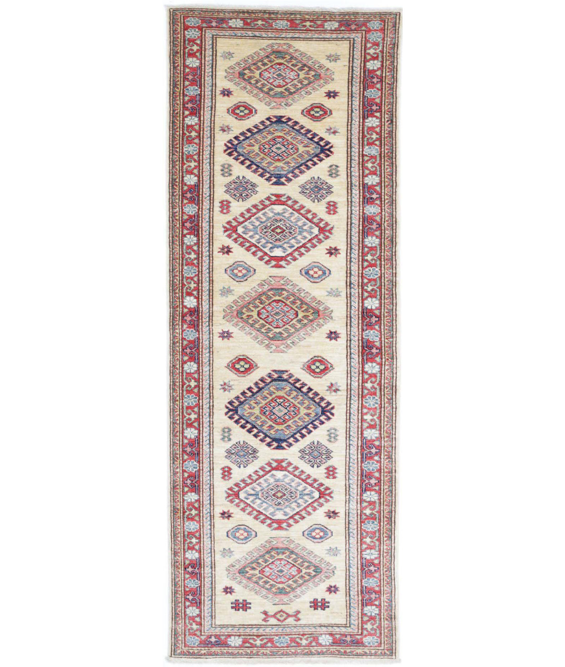 Kazak 2'4'' X 7'5'' Hand-Knotted Wool Rug 2'4'' x 7'5'' (70 X 223) / Ivory / Red