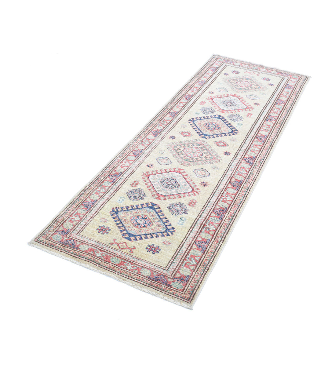 Kazak 2'4'' X 6'10'' Hand-Knotted Wool Rug 2'4'' x 6'10'' (70 X 205) / Beige / Red