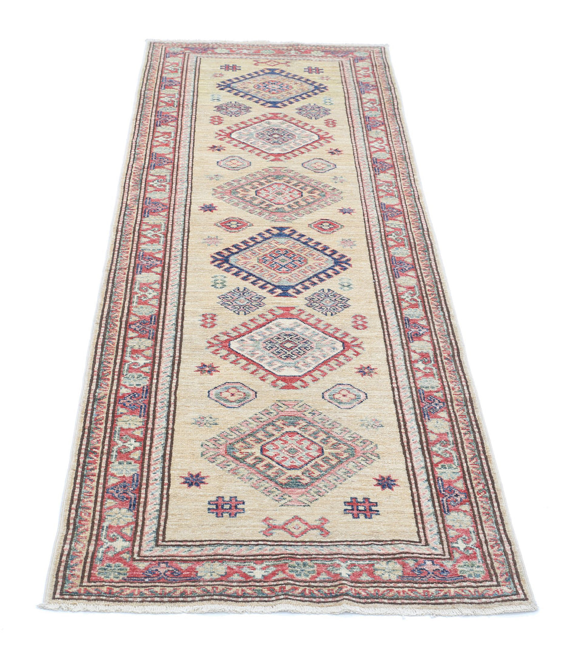 Kazak 2'4'' X 6'10'' Hand-Knotted Wool Rug 2'4'' x 6'10'' (70 X 205) / Beige / Red