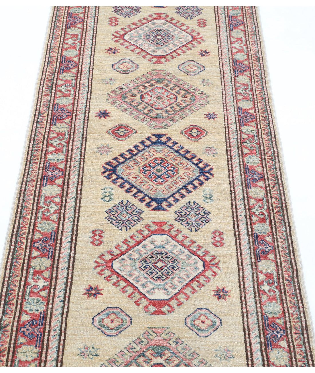 Kazak 2'4'' X 6'10'' Hand-Knotted Wool Rug 2'4'' x 6'10'' (70 X 205) / Beige / Red