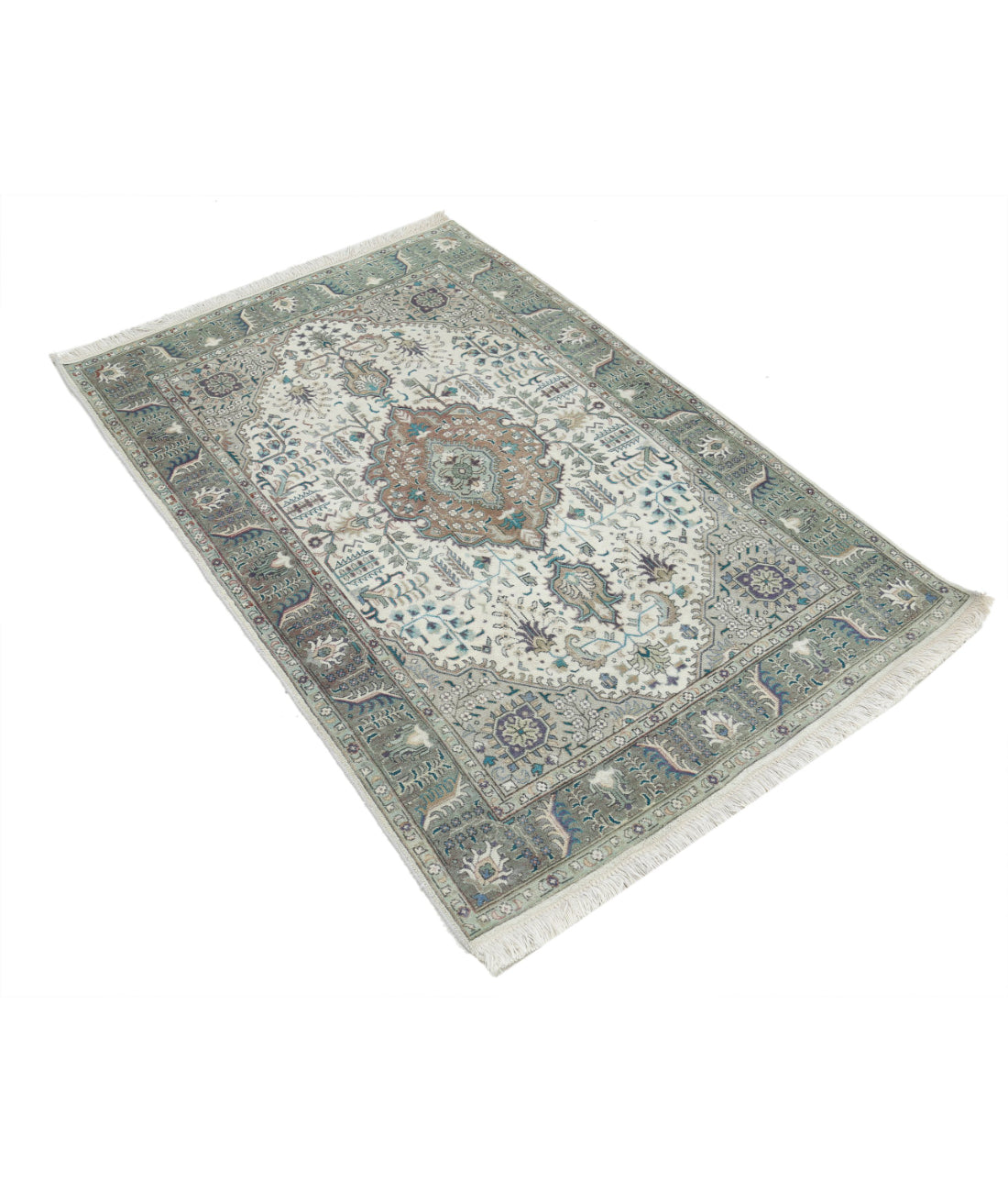 Tabriz 3'2'' X 5'0'' Hand-Knotted Wool Rug 3'2'' x 5'0'' (95 X 150) / Ivory / Green