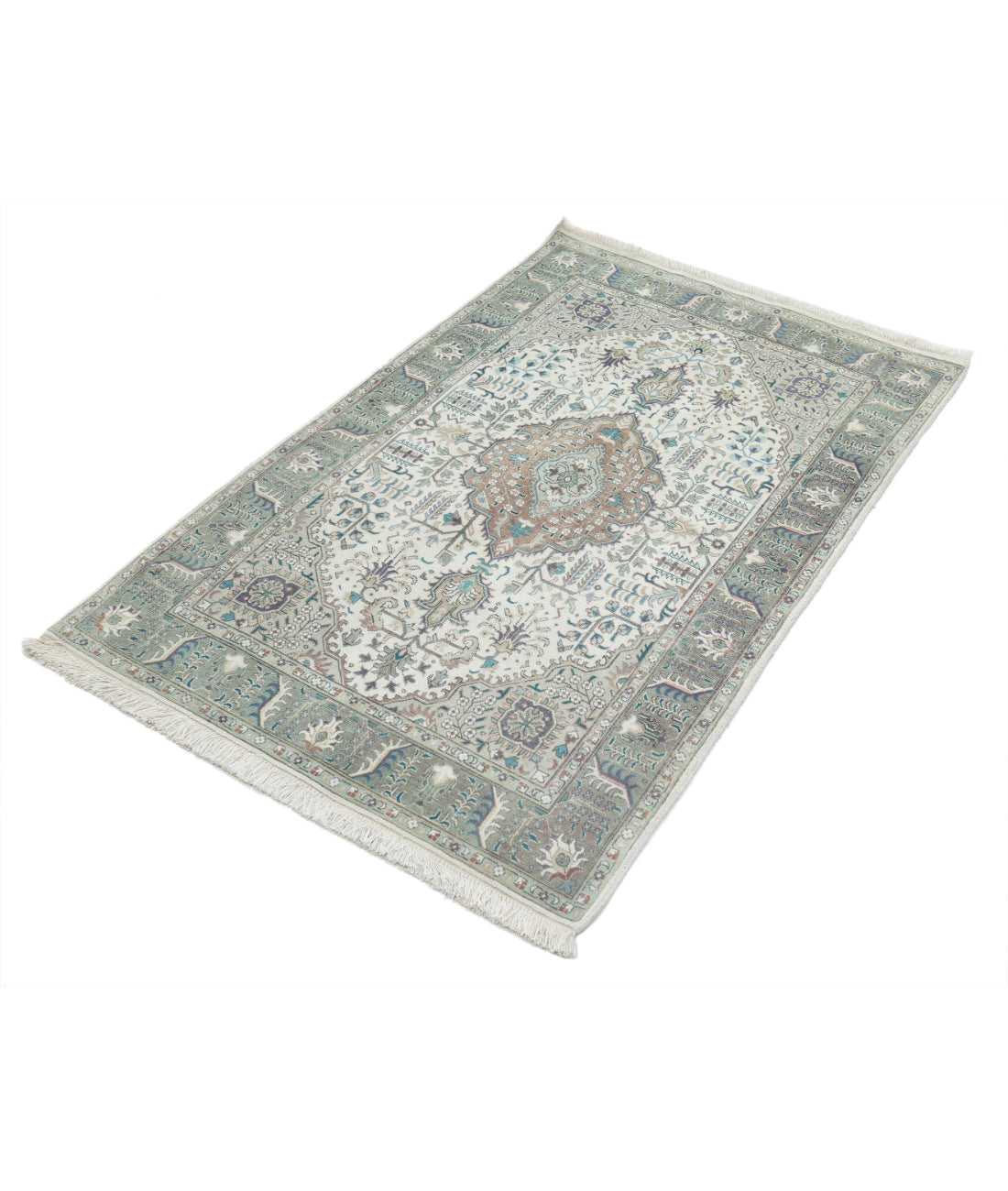 Tabriz 3'2'' X 5'0'' Hand-Knotted Wool Rug 3'2'' x 5'0'' (95 X 150) / Ivory / Green