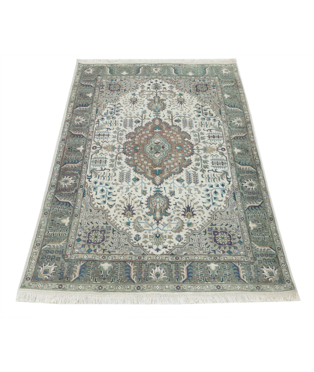 Tabriz 3'2'' X 5'0'' Hand-Knotted Wool Rug 3'2'' x 5'0'' (95 X 150) / Ivory / Green