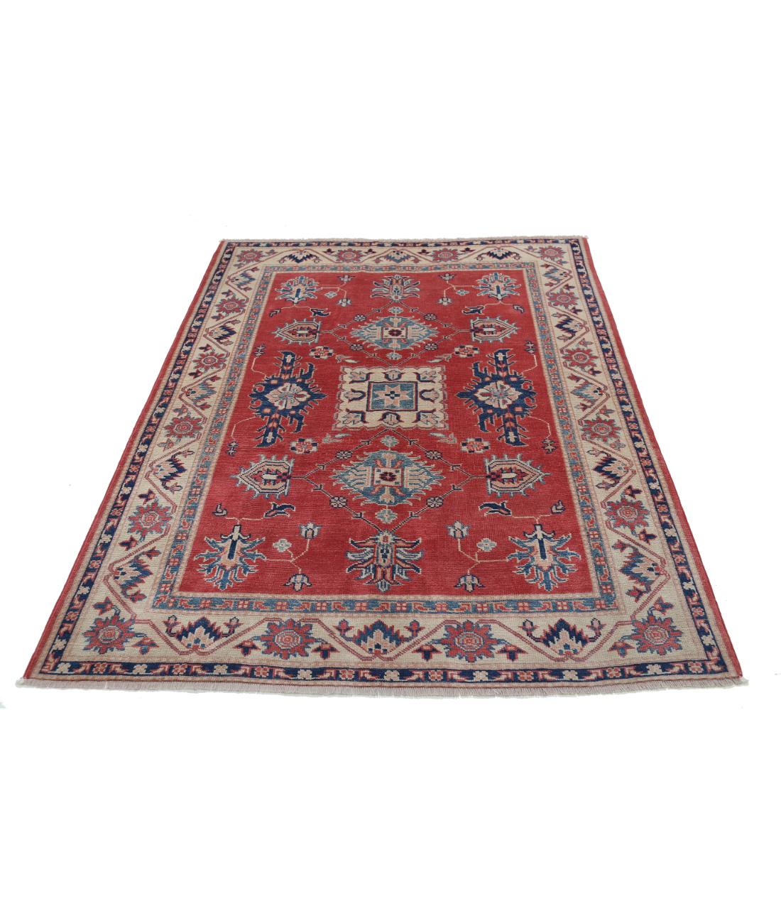 Kazak 4' 11" X 6' 4" Hand-Knotted Wool Rug 4' 11" X 6' 4" (150 X 193) / Red / Ivory