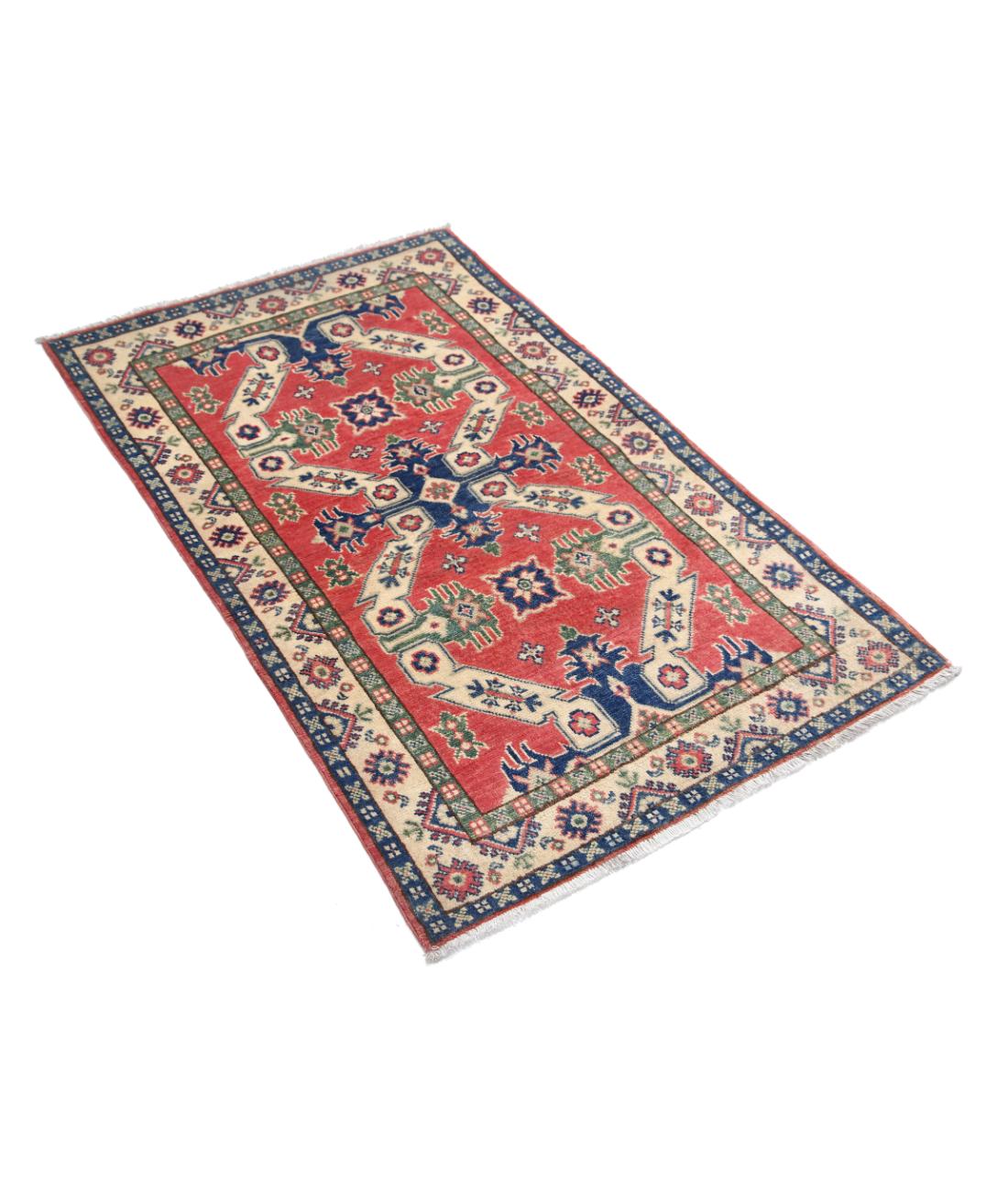 Kazak 2' 10" X 4' 8" Hand-Knotted Wool Rug 2' 10" X 4' 8" (86 X 142) / Red / Ivory