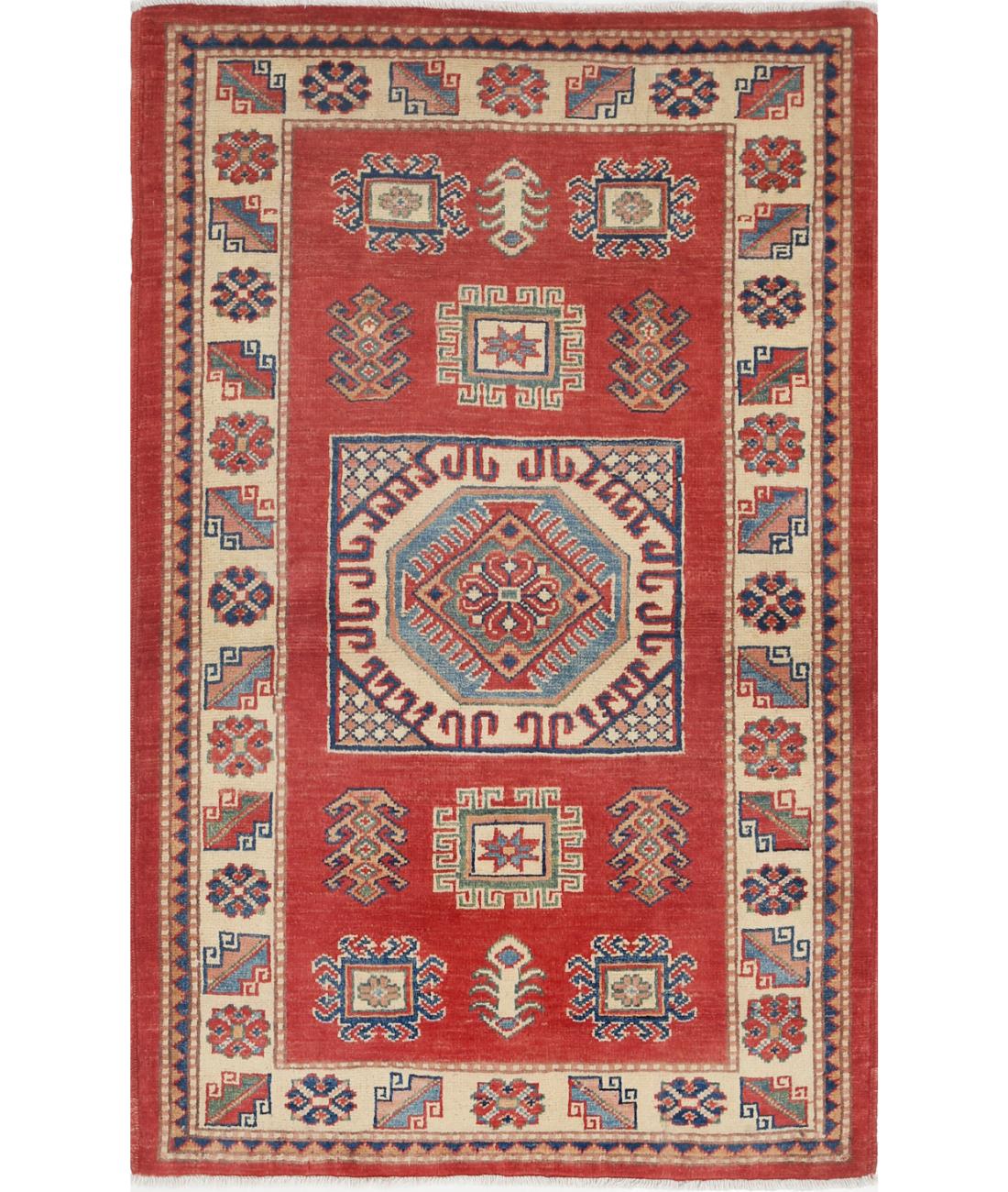 Kazak 3' 0" X 4' 8" Hand-Knotted Wool Rug 3' 0" X 4' 8" (91 X 142) / Red / Ivory