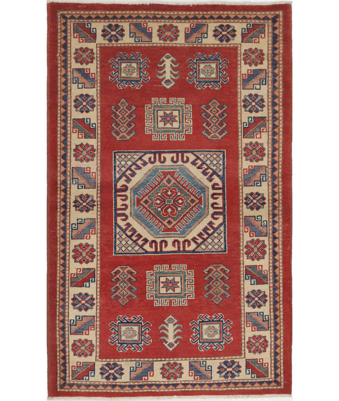 Kazak 3' 0" X 4' 10" Hand-Knotted Wool Rug 3' 0" X 4' 10" (91 X 147) / Red / Ivory