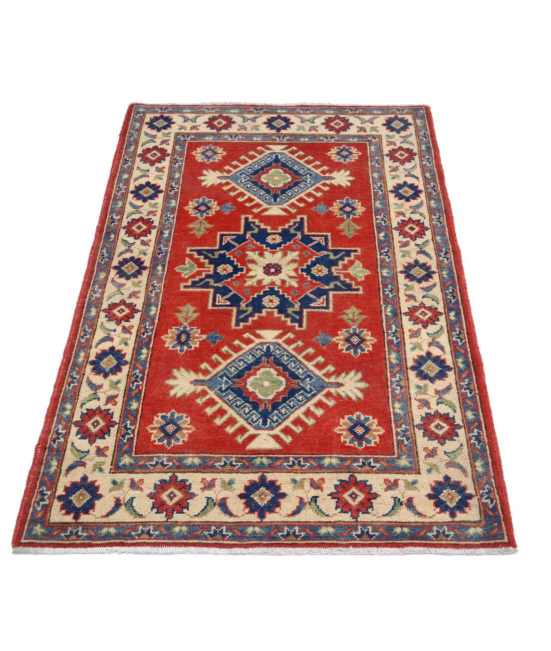 Kazak 3' 2" X 4' 10" Hand-Knotted Wool Rug 3' 2" X 4' 10" (97 X 147) / Red / Ivory