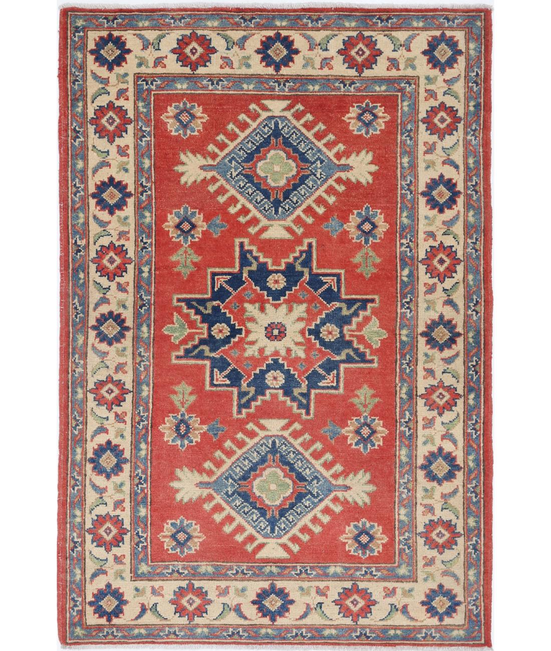 Kazak 3' 2" X 4' 10" Hand-Knotted Wool Rug 3' 2" X 4' 10" (97 X 147) / Red / Ivory