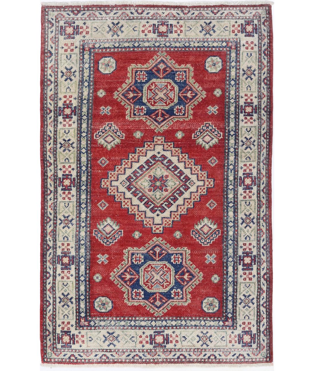 Kazak 2' 9" X 4' 7" Hand-Knotted Wool Rug 2' 9" X 4' 7" (84 X 140) / Red / Ivory