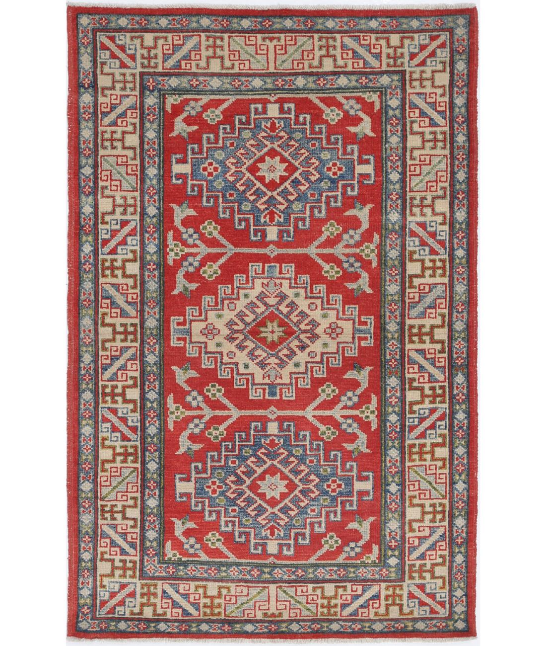 Kazak 3' 1" X 4' 10" Hand-Knotted Wool Rug 3' 1" X 4' 10" (94 X 147) / Red / Ivory