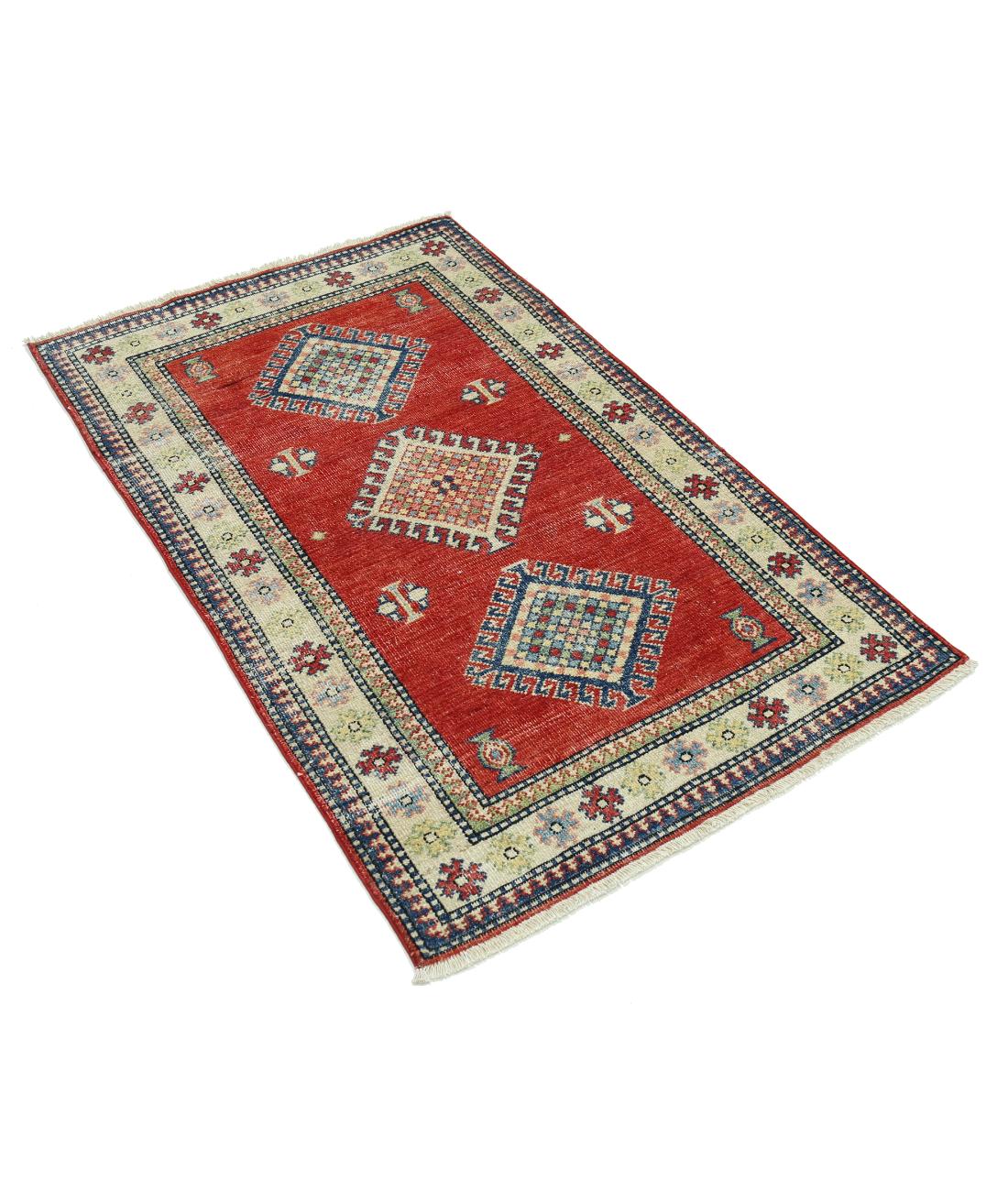 Kazak 2' 10" X 4' 8" Hand-Knotted Wool Rug 2' 10" X 4' 8" (86 X 142) / Red / Ivory