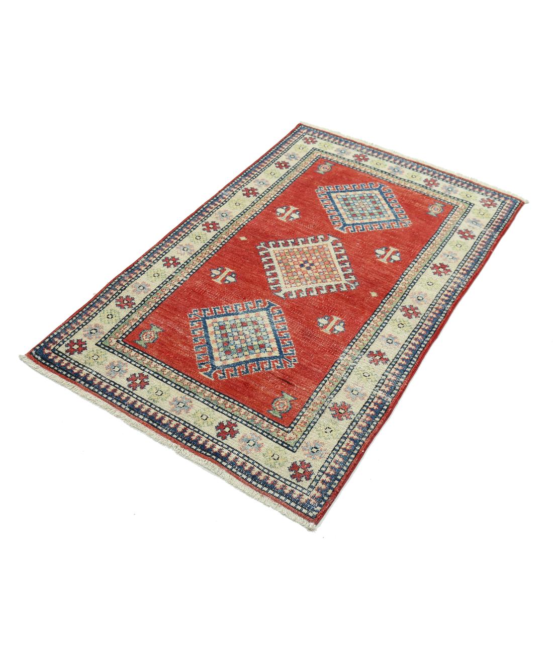 Kazak 2' 10" X 4' 8" Hand-Knotted Wool Rug 2' 10" X 4' 8" (86 X 142) / Red / Ivory