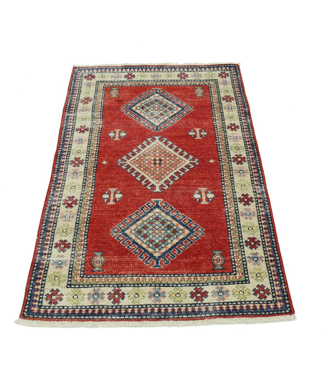 Kazak 2' 10" X 4' 8" Hand-Knotted Wool Rug 2' 10" X 4' 8" (86 X 142) / Red / Ivory