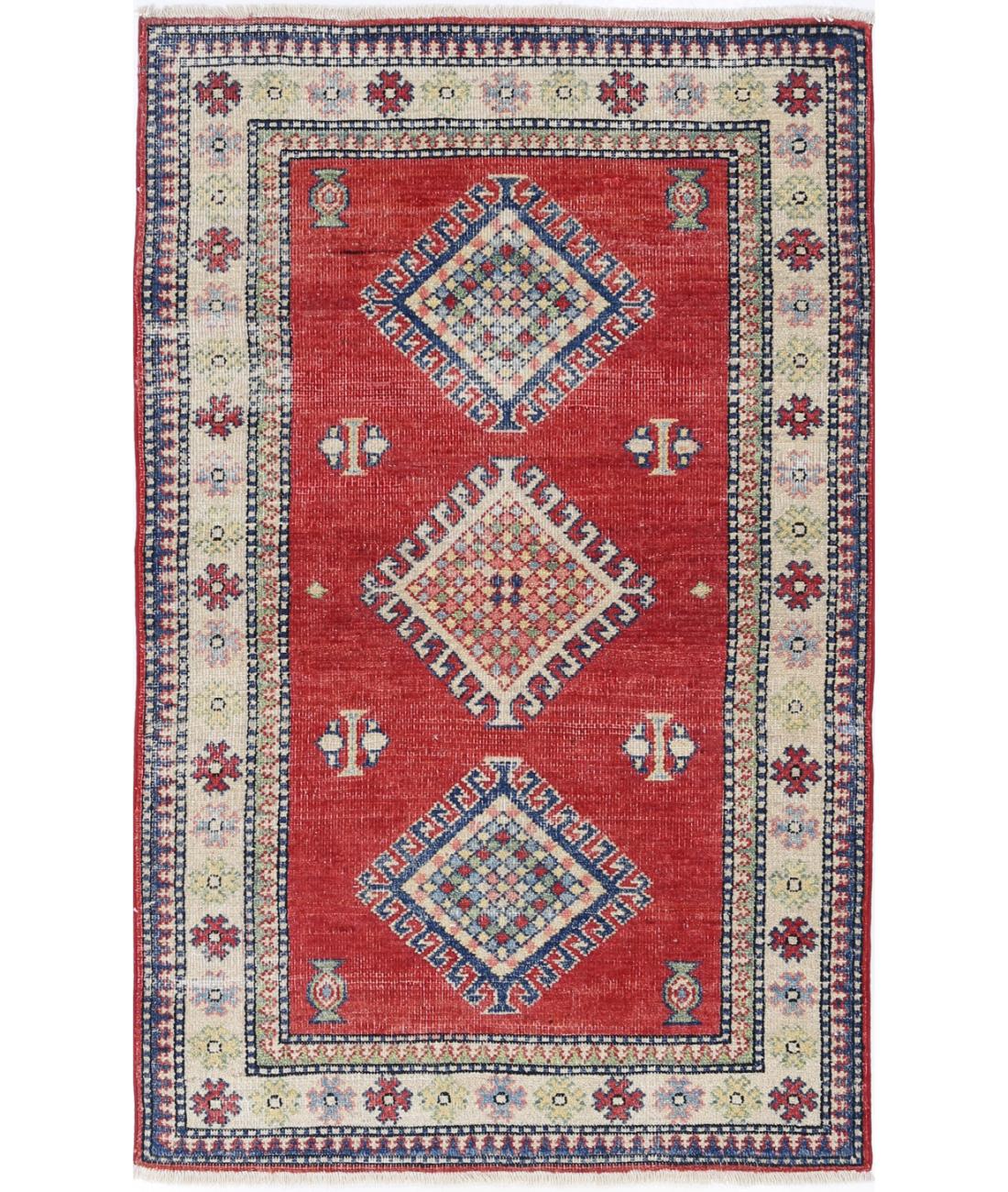 Kazak 2' 10" X 4' 8" Hand-Knotted Wool Rug 2' 10" X 4' 8" (86 X 142) / Red / Ivory