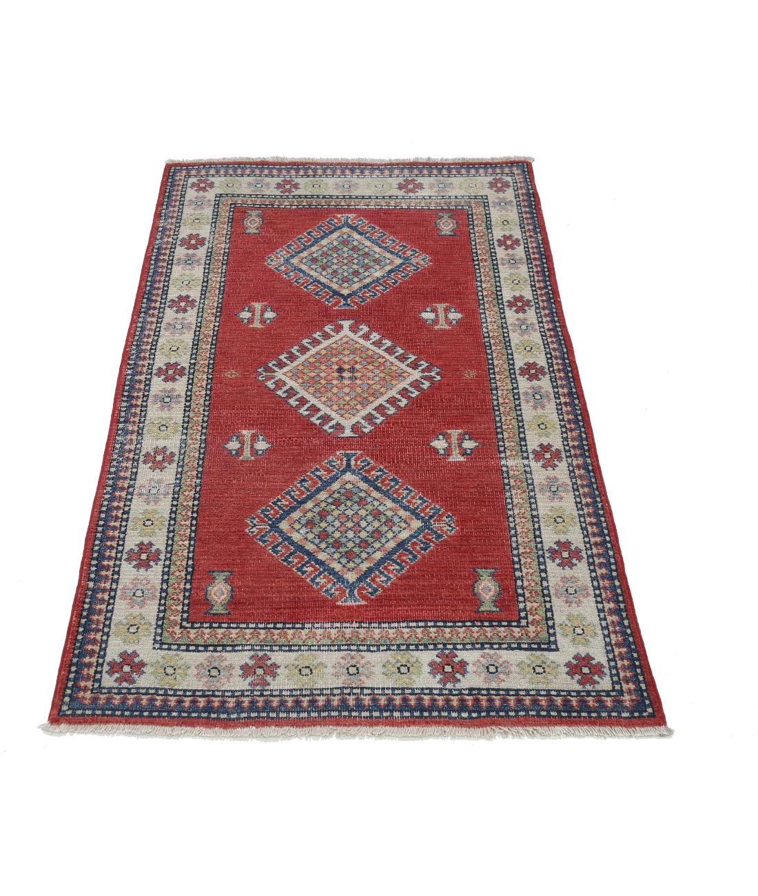 Kazak 2' 10" X 4' 7" Hand-Knotted Wool Rug 2' 10" X 4' 7" (86 X 140) / Red / Ivory