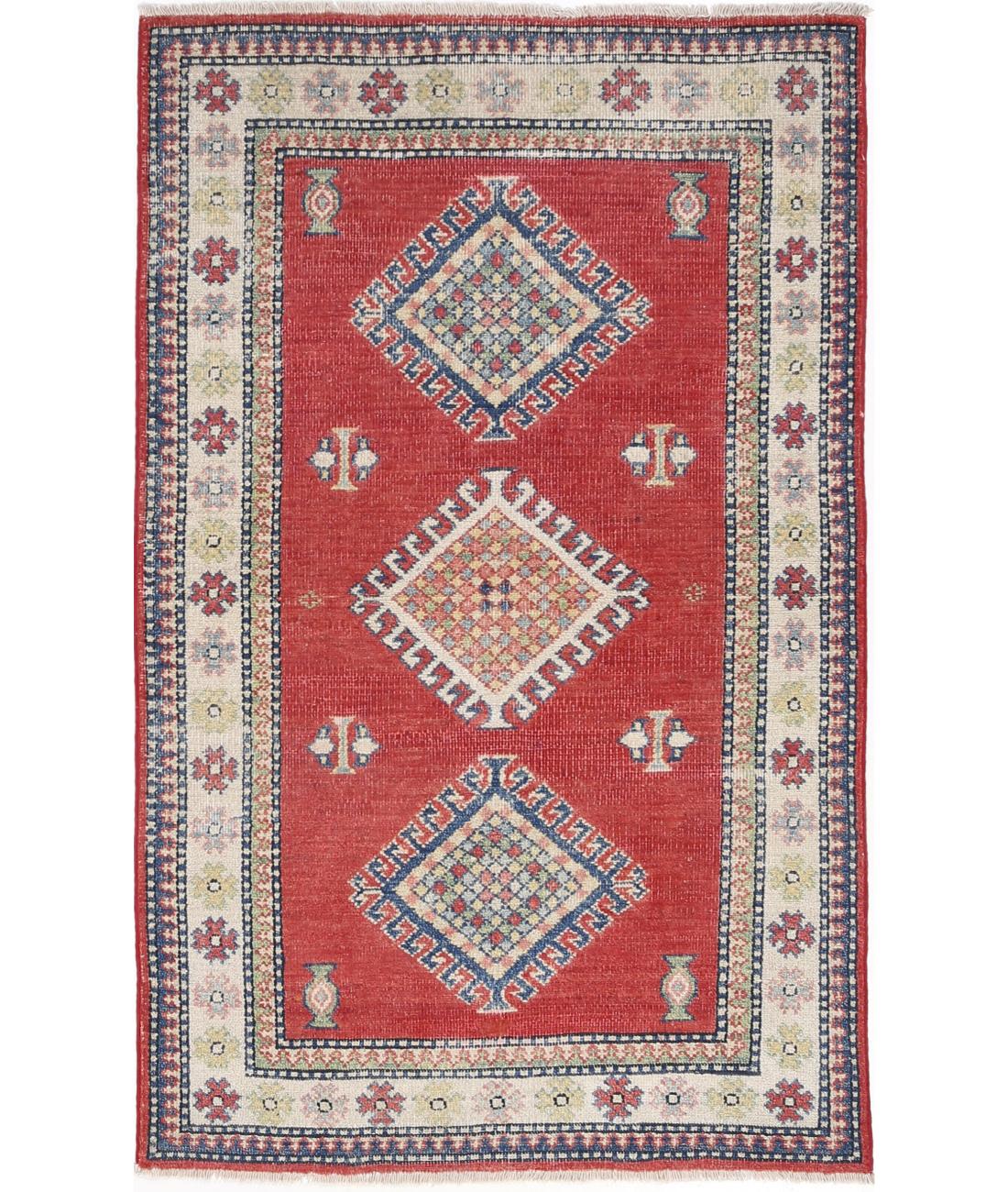 Kazak 2' 10" X 4' 7" Hand-Knotted Wool Rug 2' 10" X 4' 7" (86 X 140) / Red / Ivory