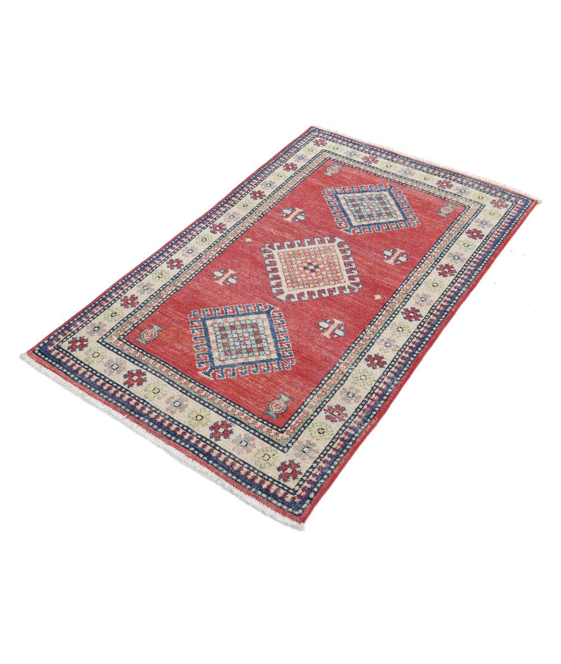 Kazak 2' 10" X 4' 7" Hand-Knotted Wool Rug 2' 10" X 4' 7" (86 X 140) / Red / Ivory