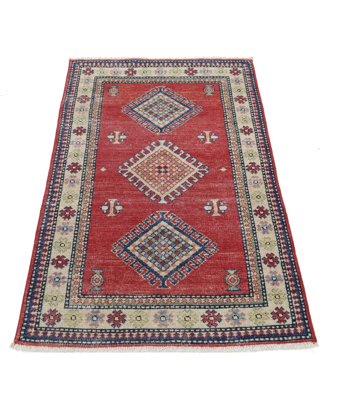 Kazak 2' 10" X 4' 7" Hand-Knotted Wool Rug 2' 10" X 4' 7" (86 X 140) / Red / Ivory