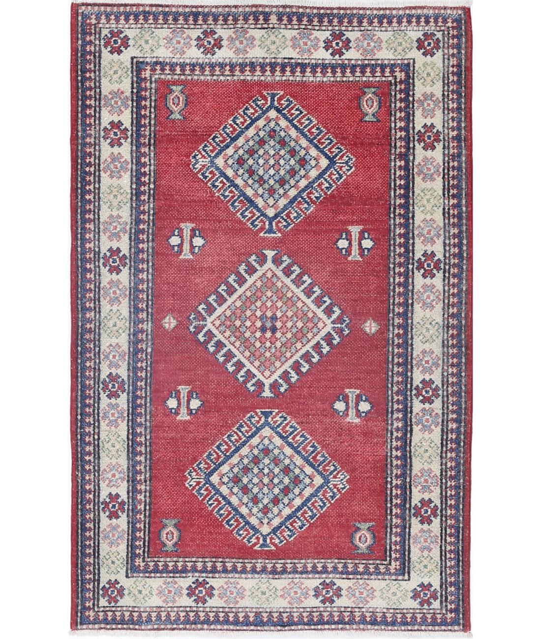 Kazak 2' 10" X 4' 8" Hand-Knotted Wool Rug 2' 10" X 4' 8" (86 X 142) / Red / Ivory