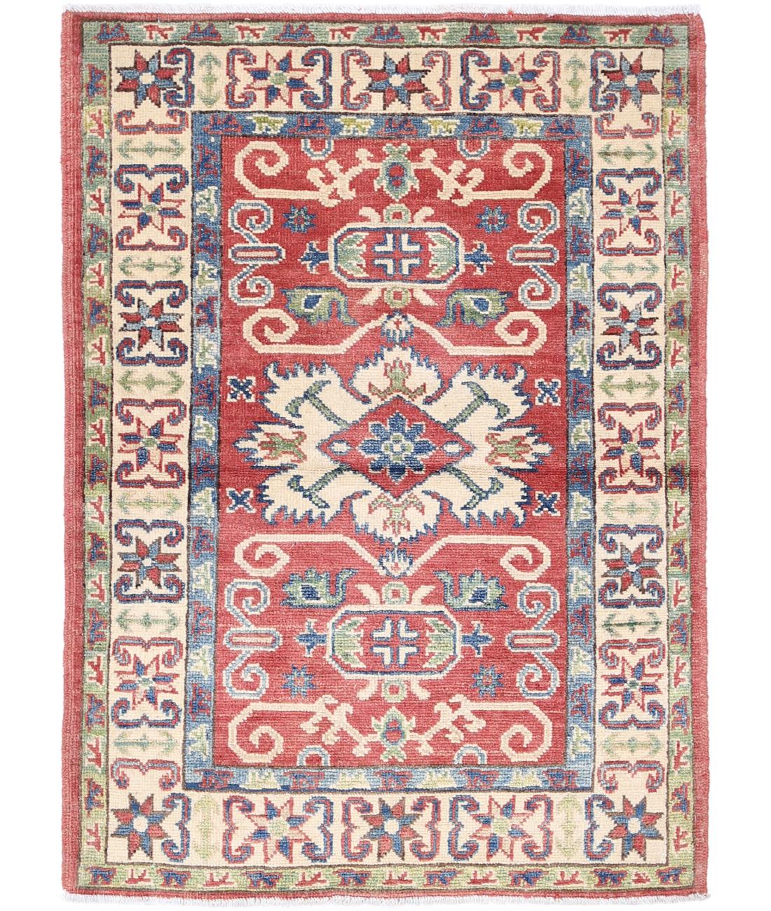 Kazak 2' 8" X 4' 0" Hand-Knotted Wool Rug 2' 8" X 4' 0" (81 X 122) / Red / Ivory