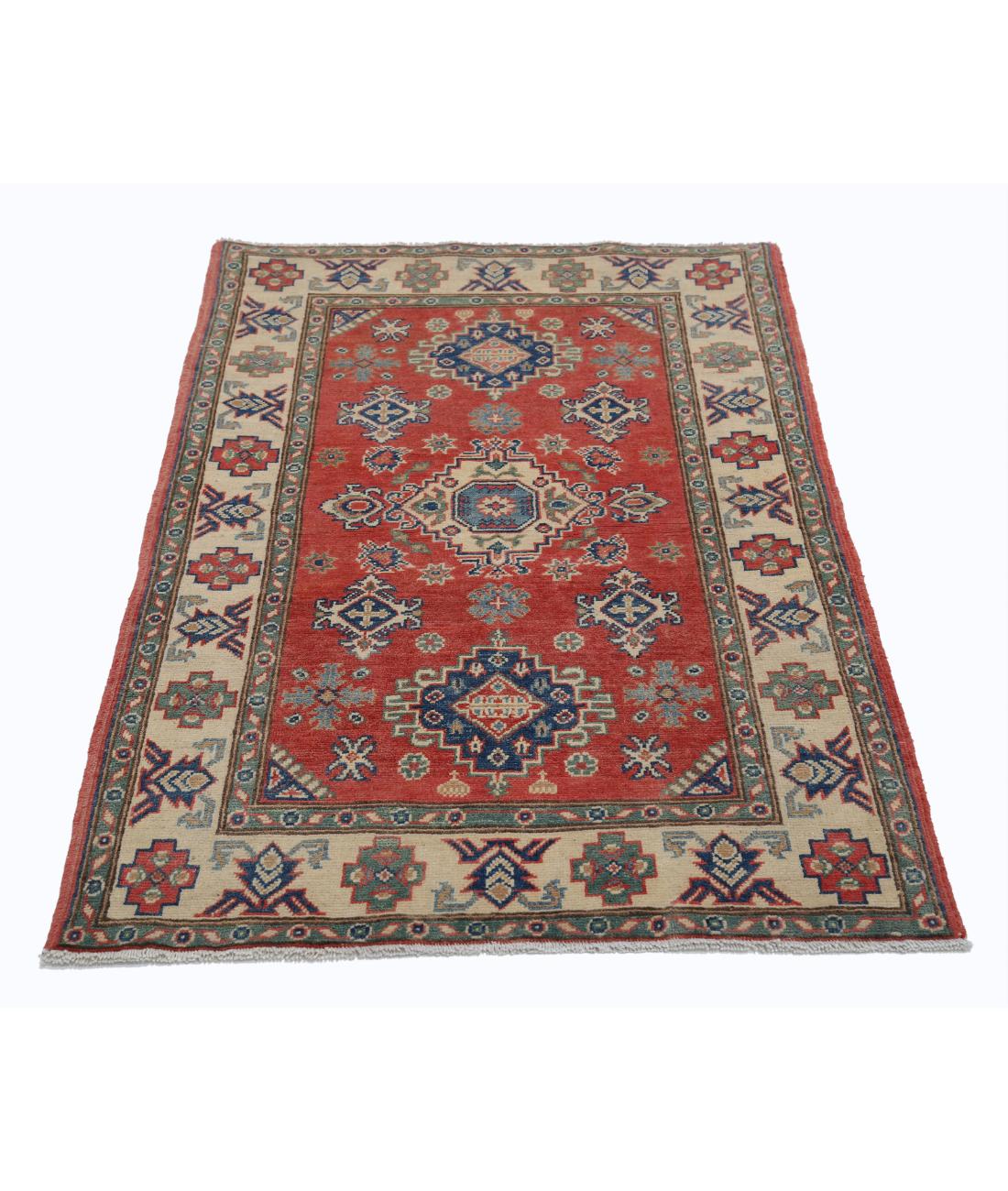 Kazak 3' 0" X 4' 10" Hand-Knotted Wool Rug 3' 0" X 4' 10" (91 X 147) / Red / Ivory