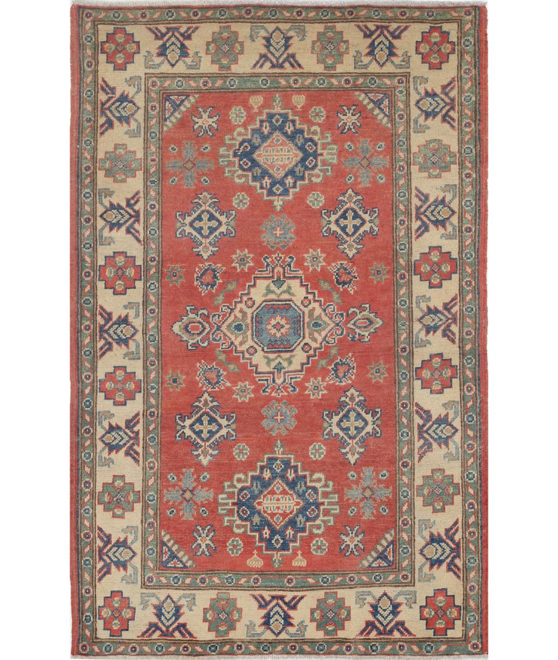 Kazak 3' 0" X 4' 10" Hand-Knotted Wool Rug 3' 0" X 4' 10" (91 X 147) / Red / Ivory