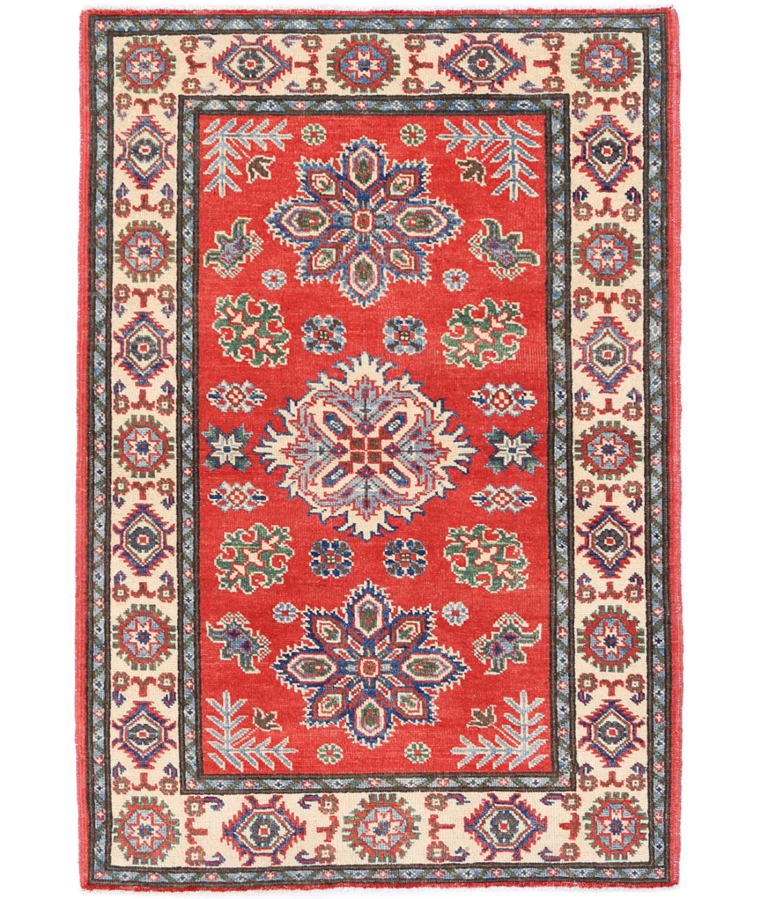 Kazak 3' 2" X 4' 9" Hand-Knotted Wool Rug 3' 2" X 4' 9" (97 X 145) / Red / Ivory