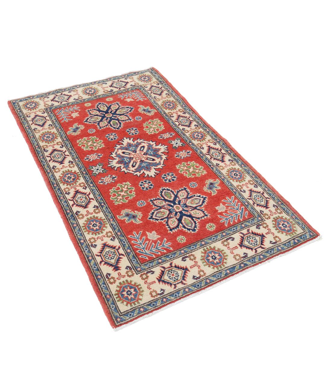 Kazak 3' 0" X 4' 11" Hand-Knotted Wool Rug 3' 0" X 4' 11" (91 X 150) / Red / Ivory