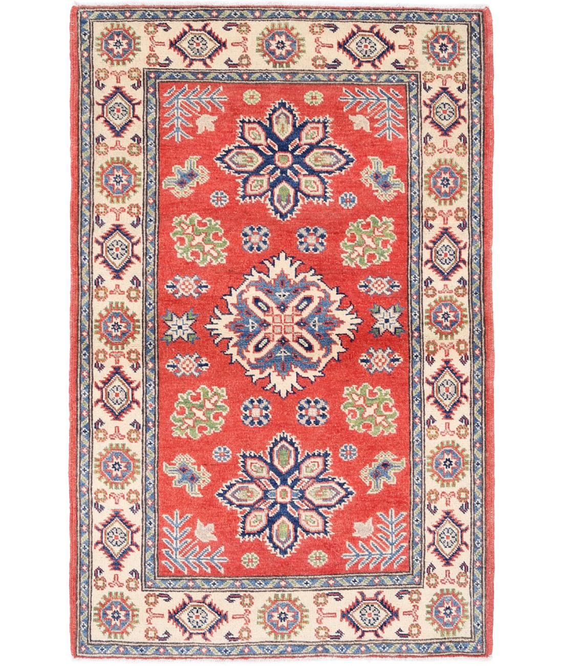 Kazak 3' 0" X 4' 11" Hand-Knotted Wool Rug 3' 0" X 4' 11" (91 X 150) / Red / Ivory