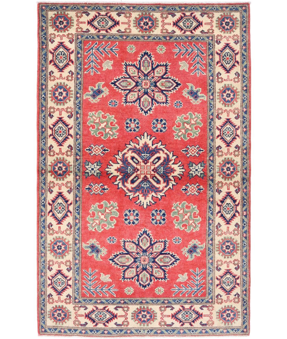 Kazak 3' 0" X 4' 11" Hand-Knotted Wool Rug 3' 0" X 4' 11" (91 X 150) / Red / Ivory