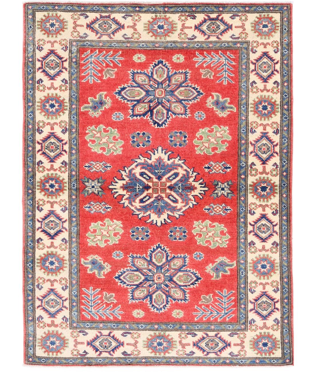 Kazak 3' 3" X 4' 7" Hand-Knotted Wool Rug 3' 3" X 4' 7" (99 X 140) / Red / Ivory