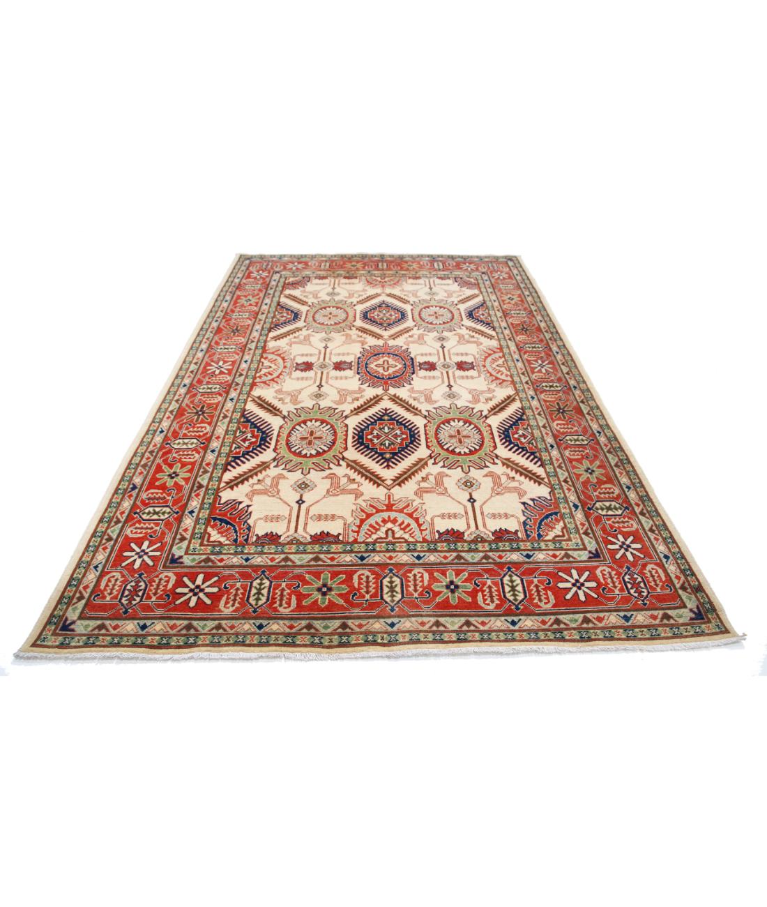 Kazak 6' 5" X 9' 8" Hand-Knotted Wool Rug 6' 5" X 9' 8" (196 X 295) / Ivory / Red