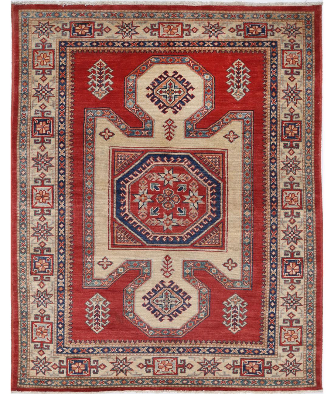 Kazak 4' 11" X 6' 5" Hand-Knotted Wool Rug 4' 11" X 6' 5" (150 X 196) / Red / Ivory