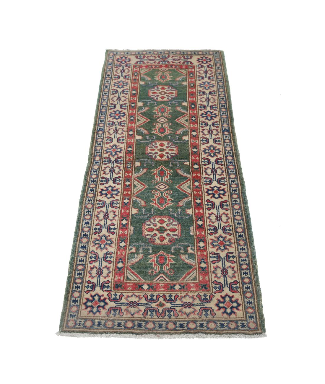 Kazak 2' 1" X 5' 8" Hand-Knotted Wool Rug 2' 1" X 5' 8" (64 X 173) / Green / Ivory