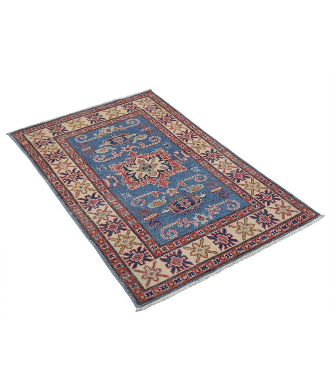 Kazak 2' 10" X 4' 8" Hand-Knotted Wool Rug 2' 10" X 4' 8" (86 X 142) / Blue / Ivory