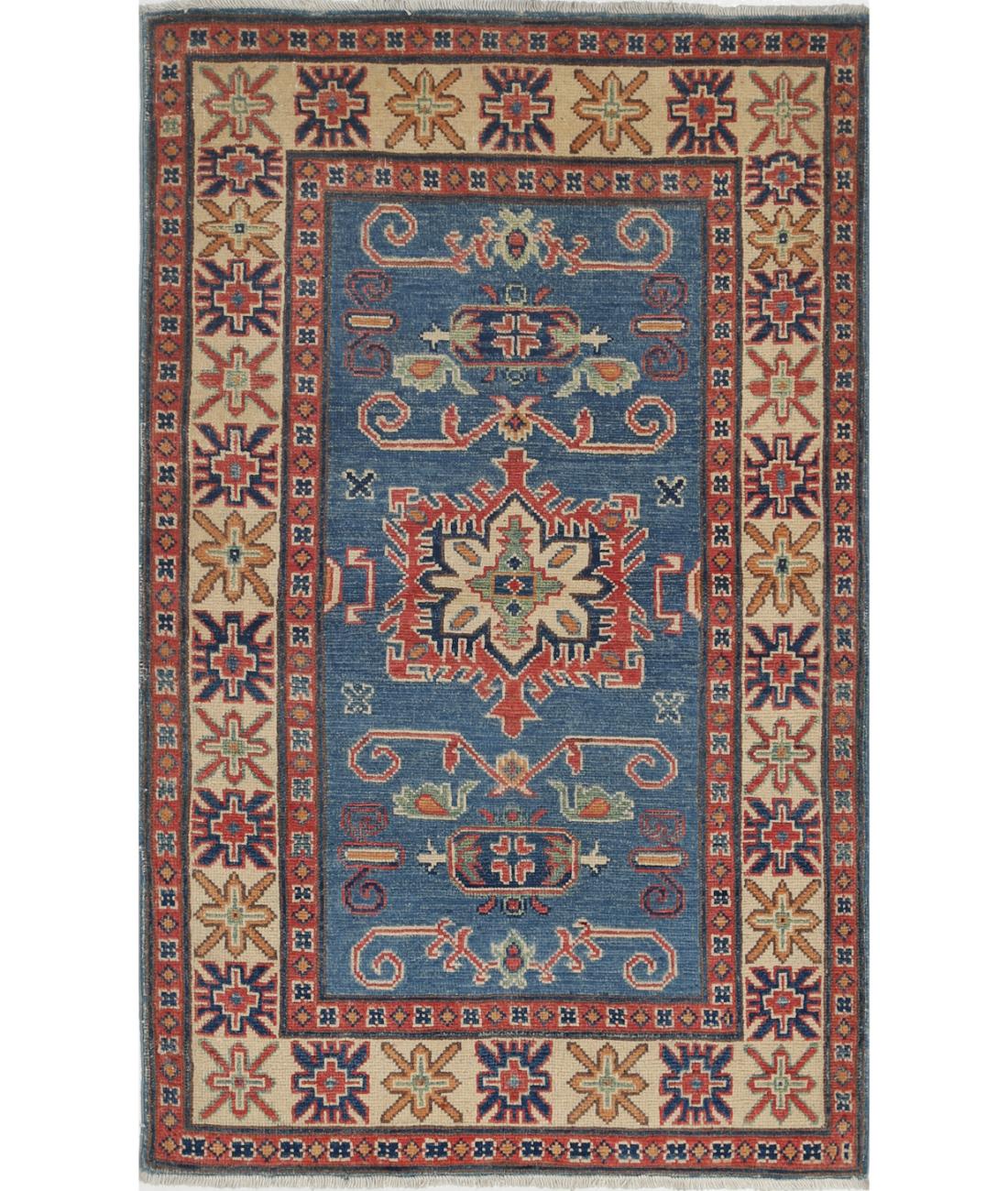 Kazak 2' 10" X 4' 8" Hand-Knotted Wool Rug 2' 10" X 4' 8" (86 X 142) / Blue / Ivory