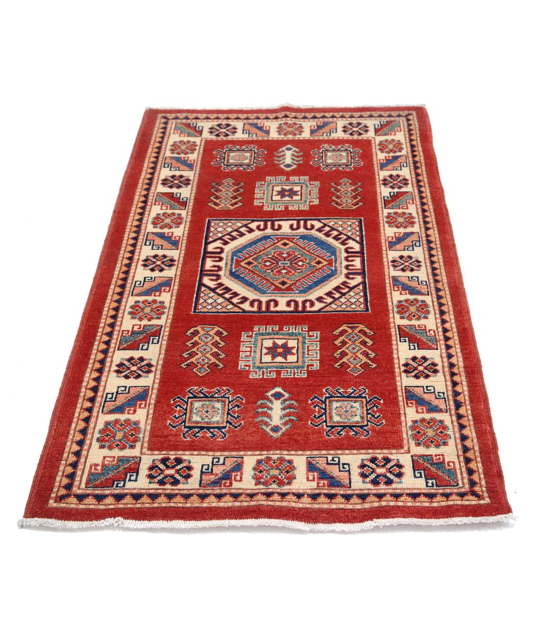 Kazak 3' 2" X 5' 0" Hand-Knotted Wool Rug 3' 2" X 5' 0" (97 X 152) / Red / Ivory