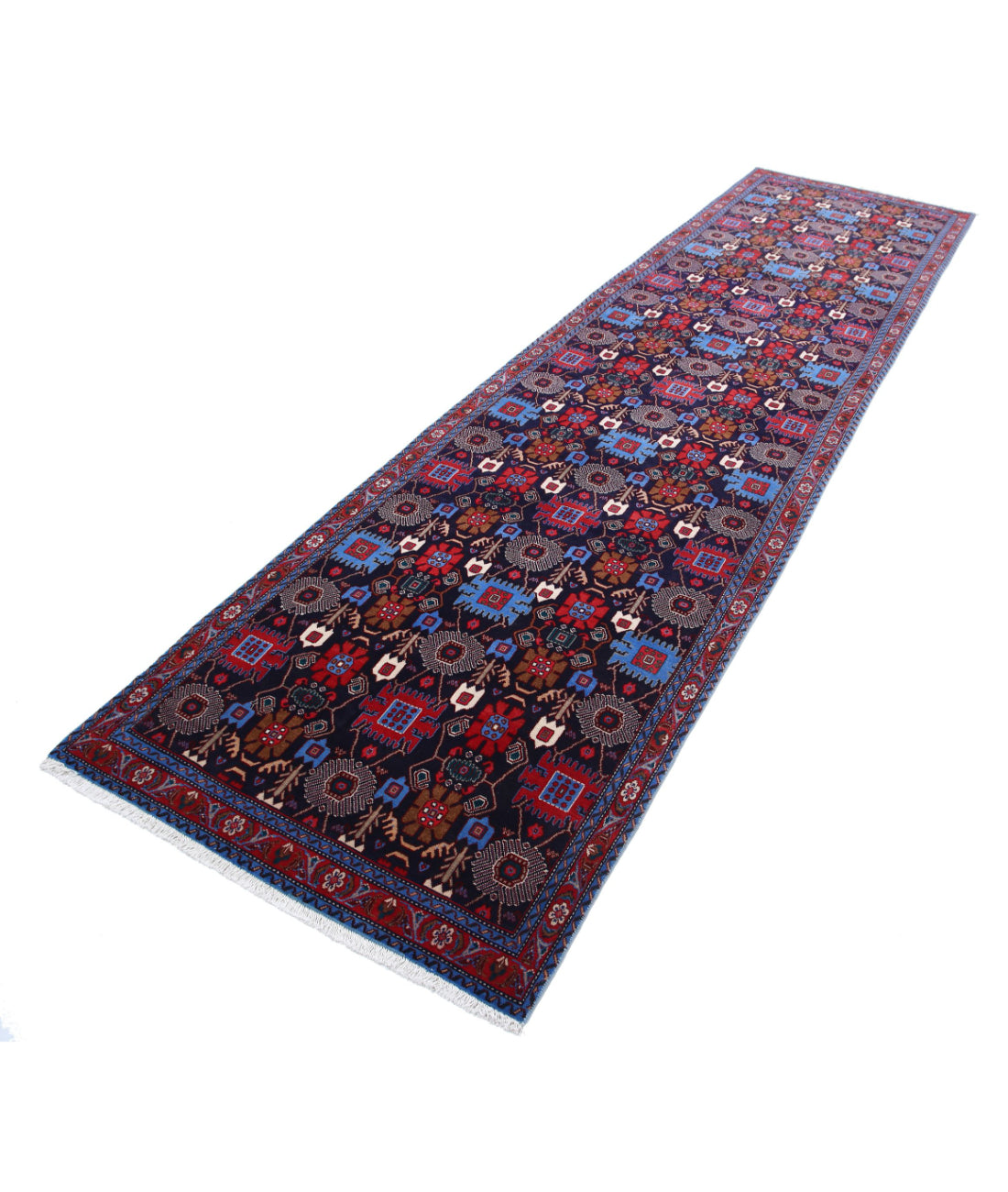 Varamin 3'3'' X 12'8'' Hand-Knotted Wool Rug 3'3'' x 12'8'' (98 X 380) / Blue / Rust