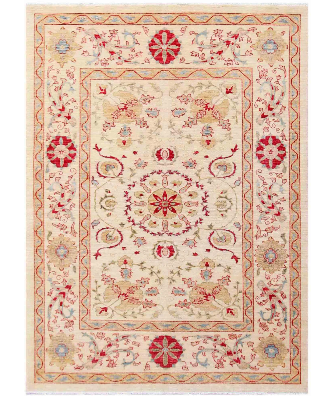 Hand Knotted Ziegler Wool Rug 5' 7" X 7' 7" 5' 7" X 7' 7" (170 X 231) / Ivory / Red