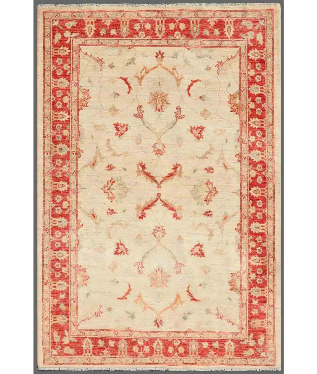 Hand Knotted Ziegler Wool Rug 4' 1" X 6' 1" 4' 1" X 6' 1" (124 X 185) / Ivory / Red