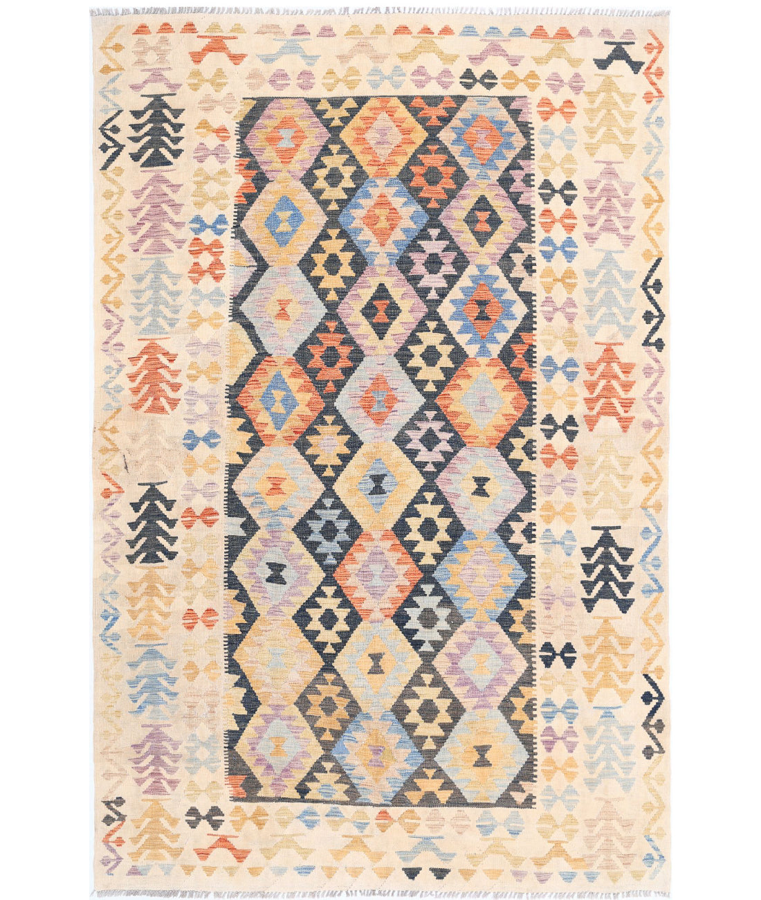 Maimana-Kilim 6'4'' X 9'6'' Hand-Knotted Wool Kilim 6'4'' x 9'6'' (190 X 285) / Black / Ivory