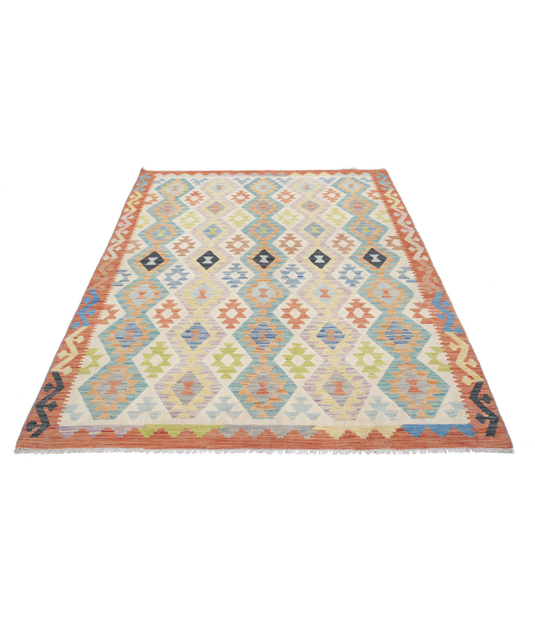 Maimana-Kilim 5'6'' X 7'7'' Hand-Knotted Wool Kilim 5'6'' x 7'7'' (165 X 228) / Ivory / Red