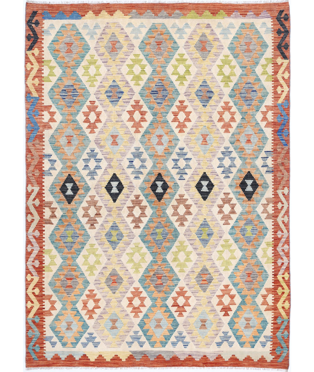 Maimana-Kilim 5'6'' X 7'7'' Hand-Knotted Wool Kilim 5'6'' x 7'7'' (165 X 228) / Ivory / Red