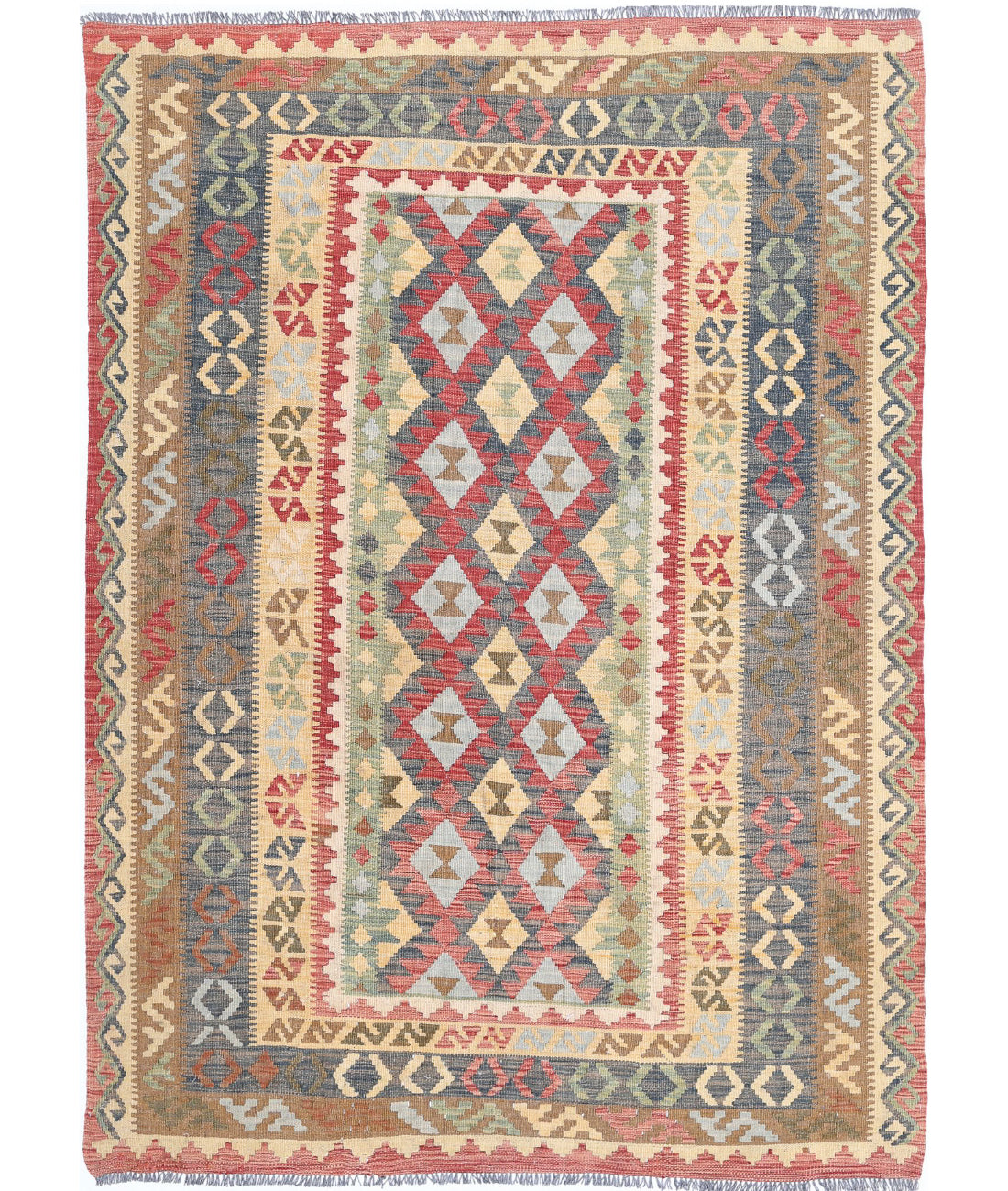 Maimana-Kilim 5'6'' X 7'8'' Hand-Knotted Wool Kilim 5'6'' x 7'8'' (165 X 230) / Ivory / Brown