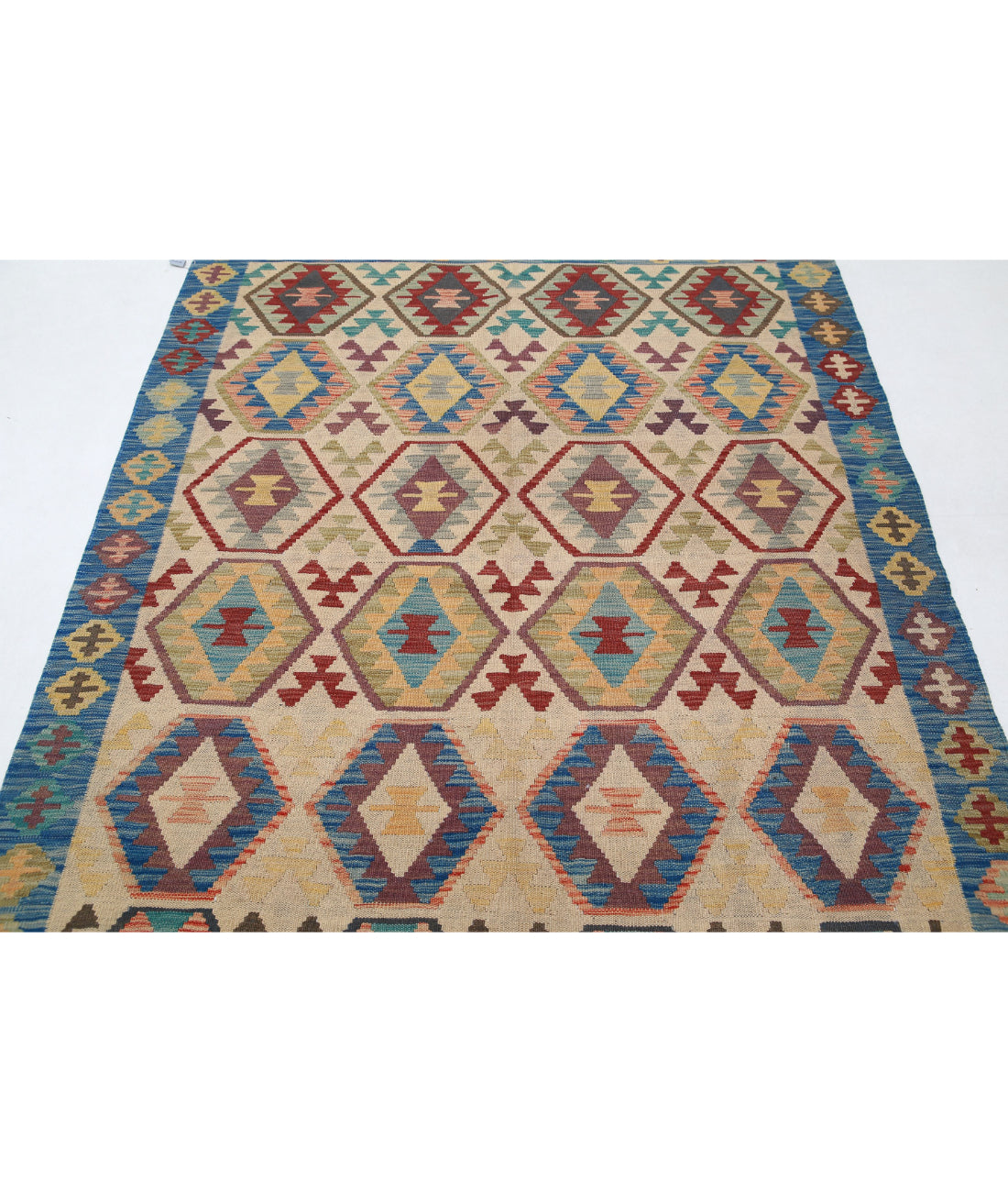 Maimana-Kilim 4'11'' X 6'9'' Hand-Knotted Wool Kilim 4'11'' x 6'9'' (148 X 203) / Ivory / Blue